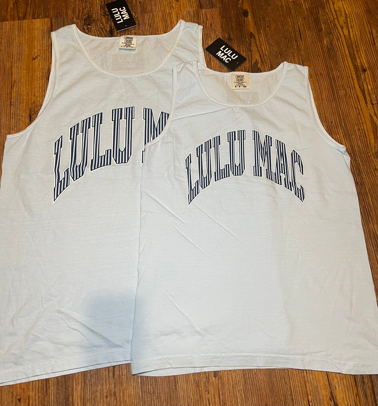 Lulu Mac Comfort Color Tank. Light blue/Navy stripes