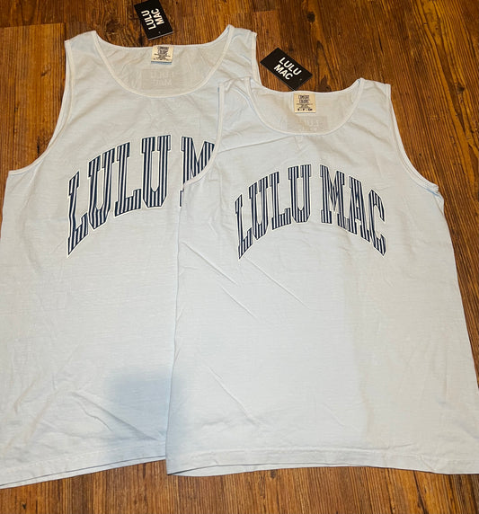 Lulu Mac Comfort Color Tank. Light blue/Navy stripes